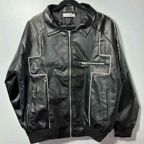 Jiechaofang Black with White Piping Faux Leather Jacket in Size XL - Picture 2 of 15